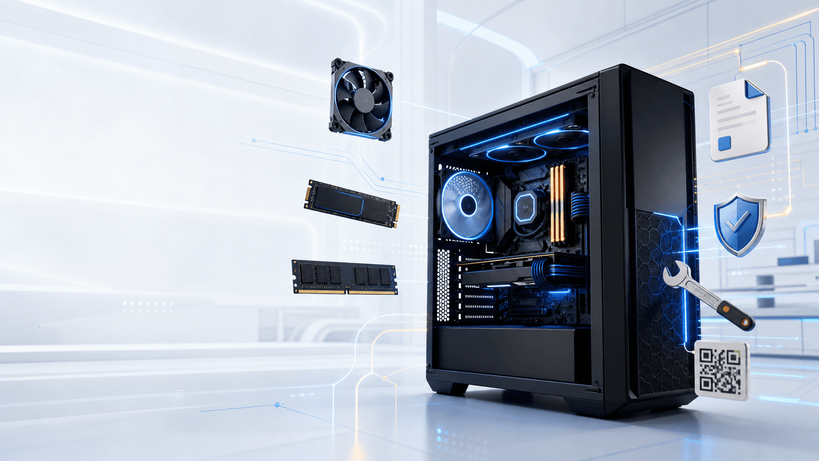Illustration du Garage Numérique Aix PC Assistance avec un PC, ses composants et son suivi